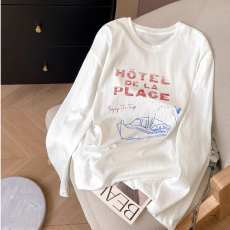 批发印花长袖t恤女2025新款秋薄款宽松防晒罩衫圆领打底衫上衣