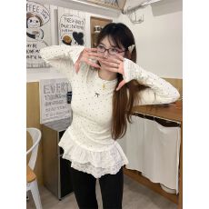 批发1*1德绒法式<b class='q'>甜美</b>风蕾丝拼接波点长袖T恤女秋别致减龄显瘦百搭上衣