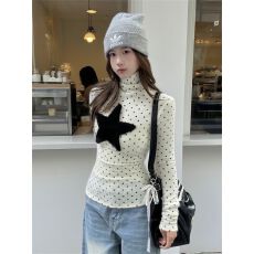 批发原版面料美式复古风<b class='q'>甜美</b>堆堆领波点内搭打底衫女秋冬长袖减龄上衣