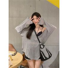 批发【天丝羊绒】灰色长袖薄款罩衫防晒T恤半开领松弛感宽松显瘦上衣