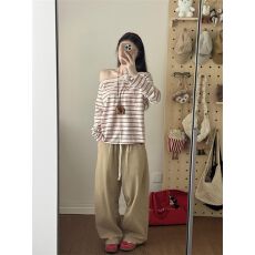 批发原版面料甜美式红色条纹<b class='q'>露肩</b>长袖<b class='q'>t</b><b class='q'>恤</b>女秋慵懒chic打底衫内搭上衣