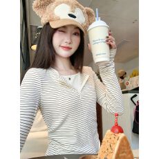 批发原版面料美式假两件条纹长袖<b class='q'>t</b><b class='q'>恤</b>女秋设计感修身内搭短款别致上衣