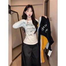 批发1*1德绒美式辣妹圆领字母印花长袖<b class='q'>T</b><b class='q'>恤</b>女士2025秋新款修身显瘦上衣