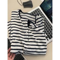 批发懒人棉色织条上衣韩系漂亮小上衣2025女条纹休闲慵懒风早秋打底衫