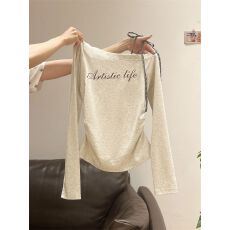 批发1*1<b class='q'>莫代尔</b>字母印花甜辣妹斜肩长袖T恤女2025秋季性感露肩显瘦上衣