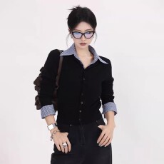 批发格子衬衫领拼接毛衣外套<b class='q'>女</b>秋冬针织<b class='q'>开衫</b>外搭修身假两件打底衫上衣