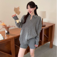 批发休闲套<b class='q'>装</b>麻花翻领长袖毛衣女2025年秋冬季针织高腰阔腿短<b class='q'>裤</b>两件套