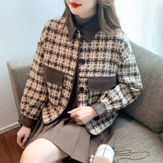 批发小香风<b class='q'>千鸟格</b>外套女秋冬2025新款复古拼接设计感短款宽松长袖上衣