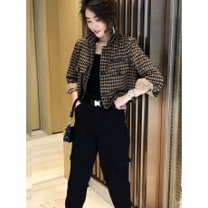 批发<b class='q'>千鸟格</b>短款外套女2025年秋装新款时尚小个子长袖夹克洋气休闲上衣