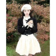 批发富家千金细闪小香风短外套女春秋2025新款缎面蝴蝶结<b class='q'>蓬蓬裙</b>两件套