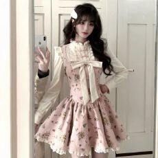 批发新中式复古粉色碎花连衣裙女春季新款蝴蝶结设计感收腰显瘦公主裙