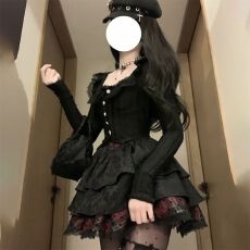 批发法式古着赫本风黑色裙子女秋两件套修身绝美蓬蓬公主洛丽塔<b class='q'>连衣裙</b>