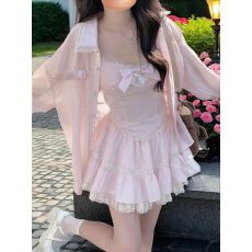 批发女春秋小个子甜美减龄粉色吊带蓬蓬蛋糕短裙<b class='q'>宽松</b>衬衫度假风三件套