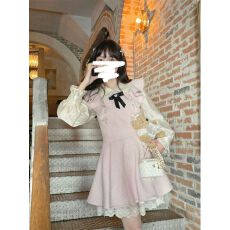 批发粉色a字背带连衣裙女春秋圣诞<b class='q'>甜美</b>内搭打底衫小个子短裙两件套装