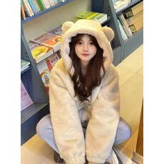 批发<b class='q'>小熊</b>耳朵连帽羊羔毛外套女冬季仿水貂毛加绒加厚环保皮草毛毛大衣