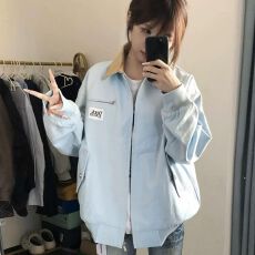 批发美式复古外套女春秋2025新款潮牌撞色翻领宽松情侣夹克棒球服开衫