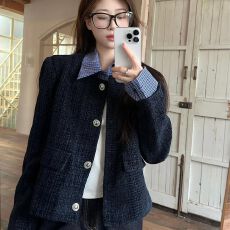 批发韩系假两件拼接翻领小香风外套女秋季新款宽松休闲短款夹克上衣潮