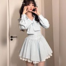 批发甜美纯欲秋季蕾丝花边蝴蝶结高级感长袖蓝色收腰显瘦蓬蓬<b class='q'>连衣裙</b>女