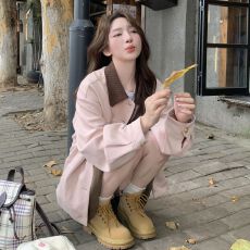 批发粉色麂皮绒工装外套女春秋2025新款甜美小个子学院风休闲夹克上衣