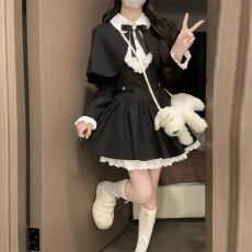 批发微胖mm法式设计感千金风斗篷披肩<b class='q'>连衣裙</b>女甜美气质收腰蓬蓬裙套装