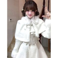 批发富家千金白色小香风套装女春秋季蝴蝶结收腰斗篷夹棉<b class='q'>连衣裙</b>两件套