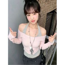 批发螺纹德绒长袖t恤女冬辣妹条纹挂脖吊带<b class='q'>背心</b>两件套叠穿<b class='q'>打底</b>