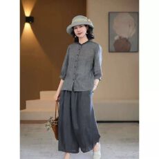 批发【冰丝皱】纽扣<b class='q'>中老年女装</b>七分袖薄款圆领默认厚度文艺休闲