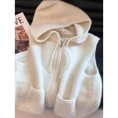 批发2025年新款高级感<b class='q'>白色</b>连帽羊羔毛马甲女无袖拉链针织<b class='q'>背心</b>外套百搭