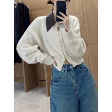 批发秋冬欧货高级感皮POLO领拼接针织开衫双头拉链慵懒风毛衣<b class='q'>外套</b>女JJ