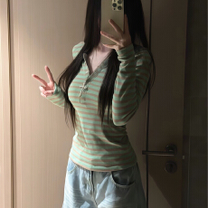 批发彩棉色织条复古撞色<b class='q'>条纹</b>半开领长袖t恤女秋季内搭<b class='q'>打底衫</b>上衣