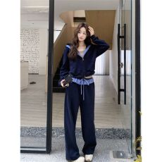 批发藏青色格子拼接休闲卫衣阔腿裤套装女春<b class='q'>秋</b>休闲运动两件套大方得体