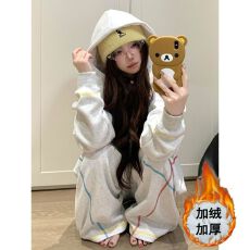 批发巨好看的<b class='q'>秋</b>冬一整套盐系减龄加绒加厚韩系卫衣卫裤运动休闲两件套