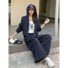 批发韩版宽松时尚运动套装女<b class='q'>秋</b>季酷飒工装风连帽卫衣阔腿裤休闲两件套