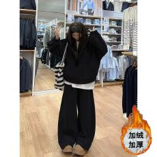 批发宽松休闲运动套装女<b class='q'>秋</b>冬季加绒加厚韩版学生连帽卫衣两件套阔腿裤