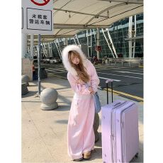 批发甜美温柔风粉色毛领外套休闲套装女<b class='q'>秋</b>冬卫衣外套阔腿裤运动套装