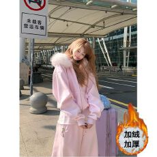 批发休闲套装大毛领连帽加绒卫衣外套女冬季松紧腰阔腿裤休闲裤两件套