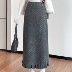 批发深灰色波点木耳边针织<b class='q'>半裙</b>女巨好看的秋冬半身裙直筒包臀开叉长裙
