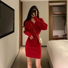 批发2025年秋冬新款女装红色订婚礼服毛衣<b class='q'>连衣裙</b>针织高端精致包臀裙子