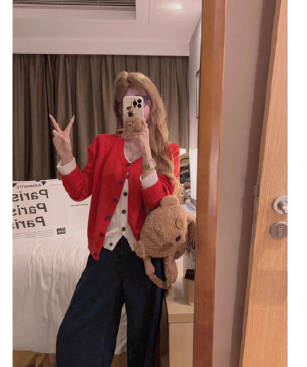 달콤한 스타일 miu 부서 페이크 레이어드 배색 니트 오픈 가디건 여성 가을 겨울 한 부서 몸매 가꾸기 부드러운 찹쌀 세련된 다용도 맨위
