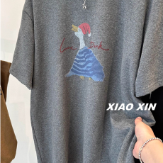 批发韩国NEW圣诞帽卡通鸭子印花加绒磨毛棉<b class='q'>短袖</b><b class='q'>T</b><b class='q'>恤</b>女宽松慵懒秋冬内搭