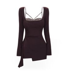 批发【随心裁】法式御姐豹纹假两件连衣<b class='q'>裙</b>秋季长袖<b class='q'>修身</b>高级感气质短<b class='q'>裙</b>