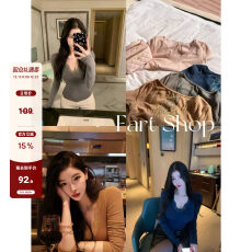 批发Fart Shop莎莉花园 蕾丝V领露背薄绒长袖秋冬T恤女<b class='q'>打底衫</b>