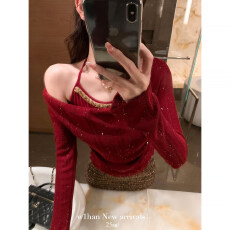 批发吴一涵 红色假两件一字肩喇叭袖针织衫女秋冬圣诞挂脖内搭<b class='q'>打底衫</b>