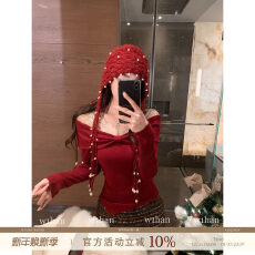 批发吴一涵红色蕾丝拼接露肩T恤女秋冬圣诞氛围感短款内搭<b class='q'>打底衫</b>上衣