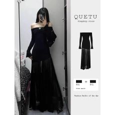 批发一字肩黑色长袖连衣裙女春季网纱拼接鱼尾长裙纯欲风修身包臀<b class='q'>裙子</b>