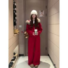 红色时尚休闲运动套装女春秋美式大毛领宽松卫衣阔腿裤炸街两件套