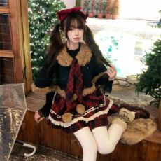 批发新年氛围感学院风甜美收腰显瘦<b class='q'>假两件</b>格纹<b class='q'>连衣裙</b>披肩斗篷套装女