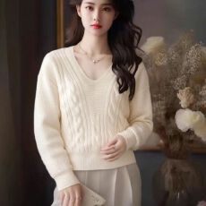 批发v领麻花毛衣女宽松外穿春季新款套头小个子针织衫<b class='q'>短款</b>慵懒风上衣