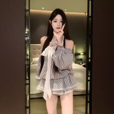 批发甜辣条纹蝴蝶结法式<b class='q'>连衣裙</b>新款显瘦气质蓬蓬短裙秋季清新<b class='q'>可爱</b>简约