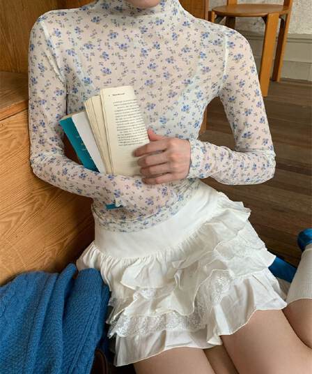 원본 원단 파란색 반하이넥 꽃무늬 인사이드 가져 가라. 기본 셔츠 여성 겨울 스택 착용 몸매 가꾸기 패션 긴팔 티셔츠 맨위